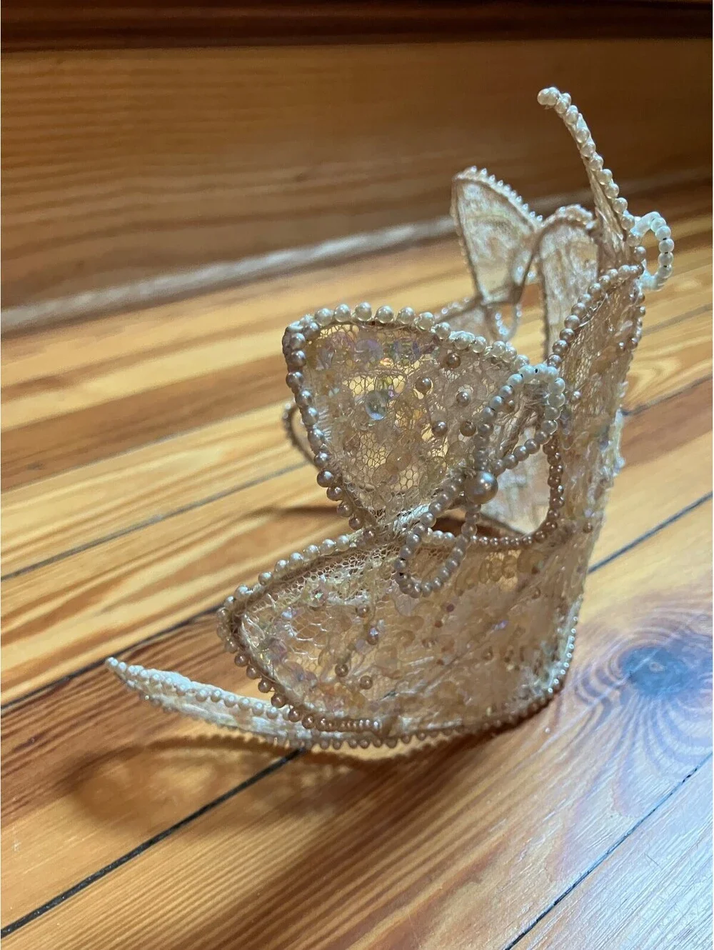 Vintage 1940/50s Pearl Lace Bridal Crown Headpiece Wired Juliet Cap Tiara Ivory